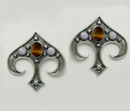 Sterling Silver Gothic Inspired Drop Dangle Earrings With Tiger Eye And Rainbow Moonstone